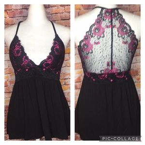 Tahari Black and Hot Pink Two Piece Lace Embellished Babydoll Pajama Set